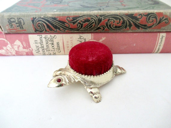Vintage Turtle Pin Cushion: Goldtone Sewing Collectible with Ruby Rhinestone