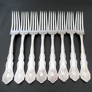 Antique Silverplate Dinner Forks, 1865 Wm Rogers One pattern, Set of 8 Ornate Art Nouveau Victorian Forks
