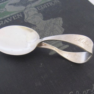 Antique Sterling Silver Baby Spoon - Curved Handle, Engraved &quot;Mike&quot;