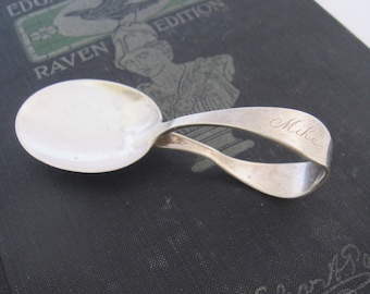 Antique Sterling Silver Baby Spoon - Curved Handle, Engraved "Mike"
