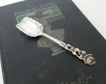 Antique Sugar Shovel Spoon, European 800 Silver Sterling Standard Serving Spoon, Ornate Rose Design