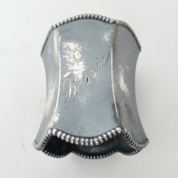 Bessie's Antique Napkin Ring, Silverplate Victorian Era Engraved Bessie Napkin Ring Holder Serviette