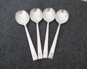 Vintage Sheraton Hotel Soup Spoons, Silverplate Antique Hotel Silver "S" Monogram and Laurel Wreath, Bouillon or Cream Soup Spoons Set of 4