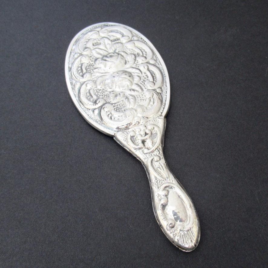 Vintage Bedo 900 Silver Hand Mirror, Floral Repousse Oval Vanity