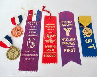 Vintage 1970s New England Swimming and Diving Awards Lot, Medal Ribbon Badge, YMCA, Marblehead, Swampscott, Beverly, Brown University