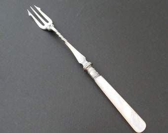 Antique Cocktail Fork Mother of Pearl Handle with Sterling Silver Collar Band, Victorian English Serving Fork