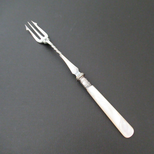 Antique Cocktail Fork Mother of Pearl Handle with Sterling Silver Collar Band, Victorian English Serving Fork