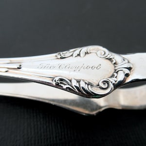 The Claypool Hotel Silverplate Sugar Tongs, Cecil patent date 1899 by Reed & Barton Antique Hotel Silver Plate Tongs