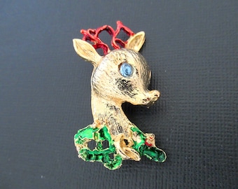 Vintage Christmas Rudolph the Red Nosed Reindeer Brooch: Holiday Costume Jewelry
