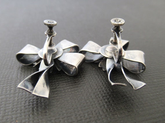 Antique Sterling Silver Bow Earrings, Art Deco Fl… - image 7