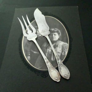 Antique French Fish Knife and Fork Set by Boulenger Blanc France, Antique Floral Engraved Flatware Silverware