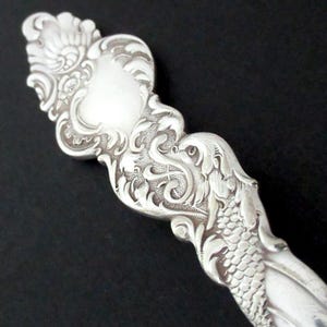 May include: A silver-colored metal utensil handle featuring an intricate embossed design. The handle displays a detailed pattern of scrolling acanthus leaves, floral motifs, and a textured scale-like section near the base of the decorative area.