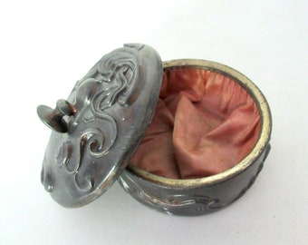 Victorian Silverplate Cufflinks Box, Antique Art Nouveau Trinket Jewelry Box Pink Satin Lined Inside