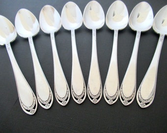 Antique Silverplate Teaspoons, Lovelace 1936 by 1847 Rogers Bros, Set of 8 Spoons Art Deco Vintage Flatware Silverware