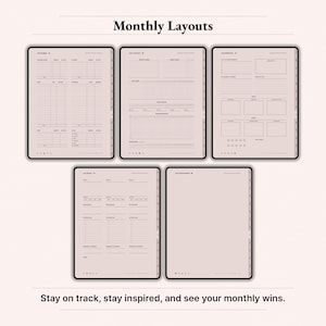 Monthly layouts bundle for 2026 digital planner on iPad featuring July budget, habit and mood trackers, monthly reflection prompts, goals review and July vision board pages. Dusty Rose aesthetic GoodNotes Notability template for tracking expenses, habits, gratitude and monthly wins. Instant download digital planner PDF.