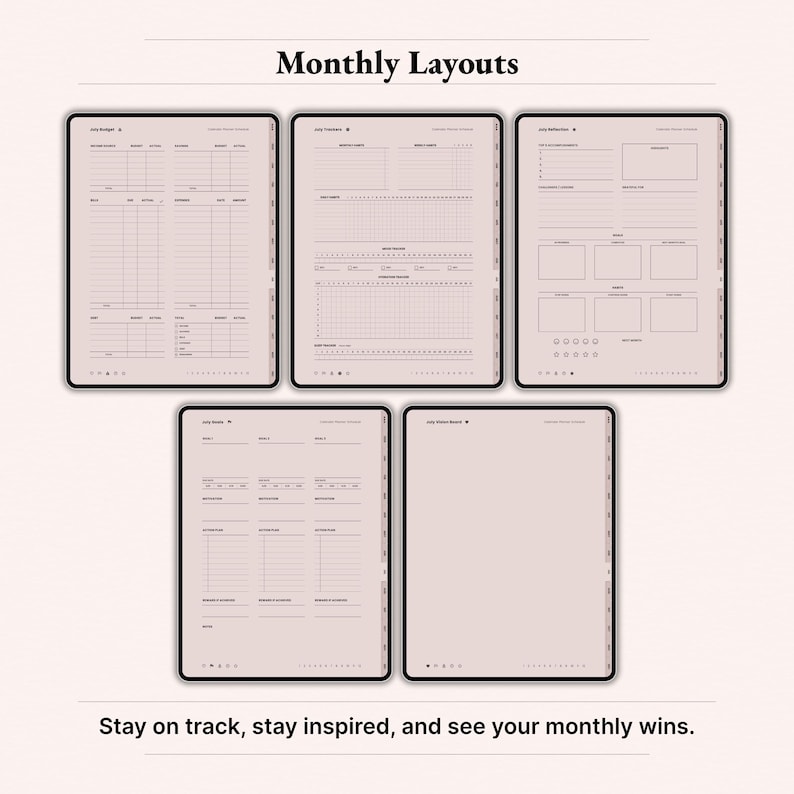 Monthly layouts bundle for 2026 digital planner on iPad featuring July budget, habit and mood trackers, monthly reflection prompts, goals review and July vision board pages. Dusty Rose aesthetic GoodNotes Notability template for tracking expenses, habits, gratitude and monthly wins. Instant download digital planner PDF.