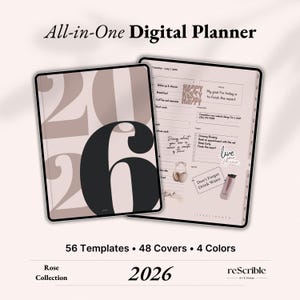 Peut inclure: Agenda numérique avec une couverture rose affichant le chiffre "2026" en gras. L'agenda ouvert présente des pages de planification quotidienne avec des cases à cocher et des notes. Le texte "All-in-One Digital Planner" est en haut.