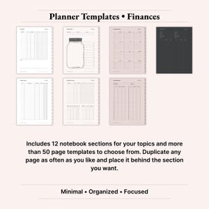 Planner templates finances bundle for 2026 digital planner on iPad showcasing expense tracker, bill tracker, savings tracker, savings jar, upcoming expenses and subscription tracker pages. Dusty Rose and minimalist aesthetic GoodNotes Notability templates for budgeting, debt payoff, savings goals and money management. Instant download digital planner PDF.