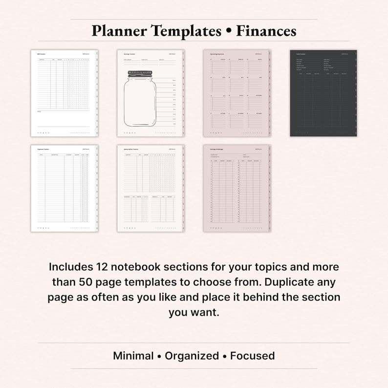 Planner templates finances bundle for 2026 digital planner on iPad showcasing expense tracker, bill tracker, savings tracker, savings jar, upcoming expenses and subscription tracker pages. Dusty Rose and minimalist aesthetic GoodNotes Notability templates for budgeting, debt payoff, savings goals and money management. Instant download digital planner PDF.