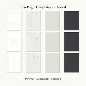 - 114 Page Templates Included (sample pages)
    
    "Minimal and organized digital notebook templates – 114 page layouts to keep you focused and productive."
    
    digital notebooks, digital notes, GoodNotes notebook, GoodNotes templates, iPad notebook, notability notebook, notebook with tabs, notes template, student notebook, study notebook, notebook, digital note book, digital notebook
