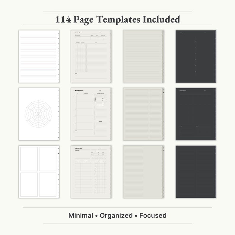 - 114 Page Templates Included (sample pages)
    
    "Minimal and organized digital notebook templates – 114 page layouts to keep you focused and productive."
    
    digital notebooks, digital notes, GoodNotes notebook, GoodNotes templates, iPad notebook, notability notebook, notebook with tabs, notes template, student notebook, study notebook, notebook, digital note book, digital notebook