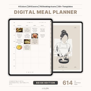 Könnte beinhalten: Digitaler Essensplaner in Beige mit 4 Farboptionen, 24 Covern, 16 Desktop-Symbolen und über 30 Vorlagen. Der Planer enthält ein wöchentliches Essenslayout mit Lebensmittelillustrationen und eine Zeichnung einer kochenden Person. Der Text lautet "DIGITAL MEAL PLANNER".