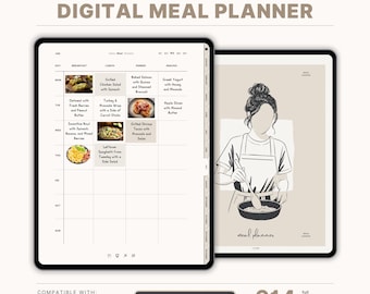 May include: Digital meal planner in beige with 4 color options, 24 covers, 16 desktop icons, and 30+ templates. The planner includes a weekly meal layout with food illustrations and a drawing of a person cooking. The text says "DIGITAL MEAL PLANNER".