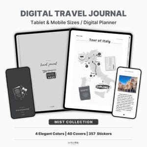 Op de afbeelding: Digitaal reisdagboek voor tablets en mobiele apparaten. De afbeelding toont een digitale planner met een kaart van Italië, een paspoortpictogram en een hotelpictogram. De tekst luidt "MIST COLLECTION" en "4 Elegante Kleuren | 40 Covers | 357 Stickers."