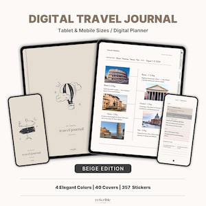 Pode incluir: Diário de viagem digital bege com 40 capas e 357 adesivos. O diário é projetado para tablets e dispositivos móveis. A imagem mostra um tablet e um telefone exibindo a interface do diário.