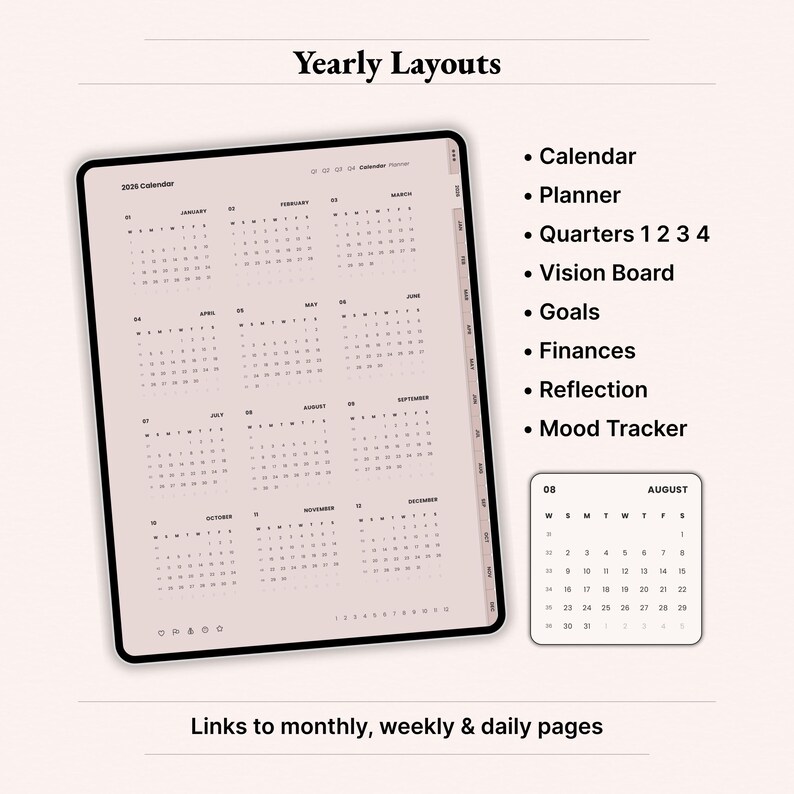 2026 yearly digital planner overview page on iPad with full 12 month calendar, quarterly tabs, minimalist Dusty Rose aesthetic. Hyperlinked GoodNotes and Notability planner for women, Monday and Sunday start options, yearly scheduler, digital calendar PDF for tablet.