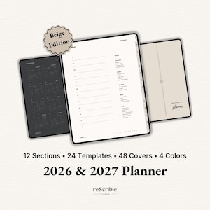 Pode incluir: Um conjunto de planejadores bege e pretos com o texto "Beige Edition" e "2026 & 2027 Planner". O conjunto inclui um calendário, um planejador com seções numeradas e uma capa. O planejador tem 12 seções, 24 modelos, 48 capas e 4 cores.