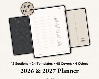 Planificador digital 2026-2027 - Cuaderno beige de 12 secciones (plantilla GoodNotes para iPad)