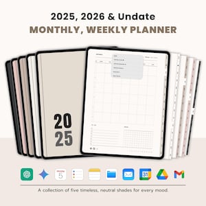 Peut inclure: Une collection de cinq planificateurs de couleurs neutres avec le texte "2025, 2026 & Undate MONTHLY, WEEKLY PLANNER" et "2025" sur la couverture. Les planificateurs sont affichés sur un fond blanc.
