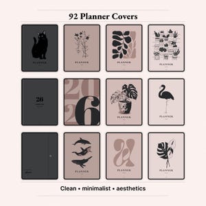 92 minimalist planner covers preview for 2026 Rose Collection digital planner. Includes bold 2026 typography cover, floral and botanical illustrations, cat and flamingo art, envelope style and abstract shapes in Dusty Rose and black palette. Aesthetic GoodNotes Notability digital planner cover bundle for iPad, instant download cover pack.