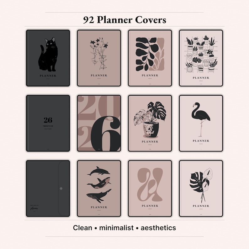 92 minimalist planner covers preview for 2026 Rose Collection digital planner. Includes bold 2026 typography cover, floral and botanical illustrations, cat and flamingo art, envelope style and abstract shapes in Dusty Rose and black palette. Aesthetic GoodNotes Notability digital planner cover bundle for iPad, instant download cover pack.