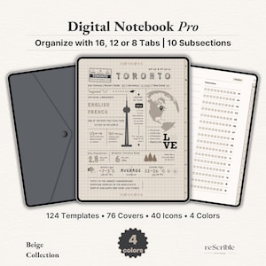 Könnte beinhalten: Digital Notebook Pro mit beigem Cover, das die Stadt Toronto zeigt. Das Notizbuch enthält 16, 12 oder 8 Registerkarten und 10 Unterabschnitte. Das Design umfasst 124 Vorlagen, 76 Cover, 40 Icons und 4 Farben.