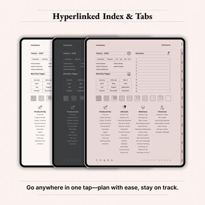 Hyperlinked index and tabs preview for 2026 all-in-one digital planner on iPad showing contents page with yearly overview, monthly pages, productivity, lifestyle, wellness and finances sections plus 12 notebook sections. Three color themes (white, black, Dusty Rose) with one-tap icons and paper templates grid. GoodNotes Notability digital planner with fully clickable navigation. Instant download PDF.