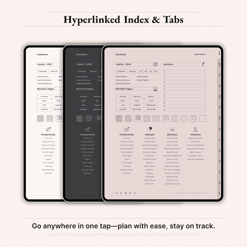 Hyperlinked index and tabs preview for 2026 all-in-one digital planner on iPad showing contents page with yearly overview, monthly pages, productivity, lifestyle, wellness and finances sections plus 12 notebook sections. Three color themes (white, black, Dusty Rose) with one-tap icons and paper templates grid. GoodNotes Notability digital planner with fully clickable navigation. Instant download PDF.