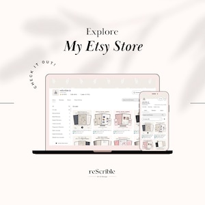 Etsy shop preview graphic inviting customers to explore reScribe digital planner store. Laptop and phone mockup displaying Etsy listings for digital planners, notebooks and journals in neutral Dusty Rose aesthetic. Perfect end slide for Etsy listing gallery to drive traffic to shop and cross-sell other digital planner bundles. Instant download products only.