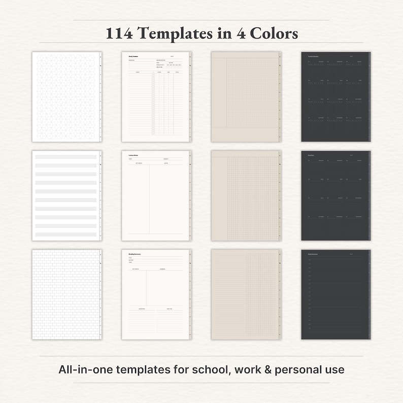 "Digital notebook templates in 4 paper colors – versatile layouts for school, work, and personal use."

goodnotes notebook, notability notebook, hyperlinked notebook, student notebook, ipad notebook, project planner, notes template, digital note paper, digital journal, minimalist notebook, notebook with tabs, lecture notes, digital planner