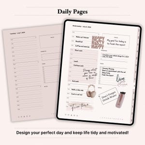 Daily pages preview for 2026 digital planner on iPad showing hourly schedule from 6 am to 9 pm, focus box, top 3 priorities, tasks checklist and notes section. Dusty Rose aesthetic GoodNotes Notability template with stickers and quotes for motivation, time blocking, productivity and daily planning. Instant download PDF.