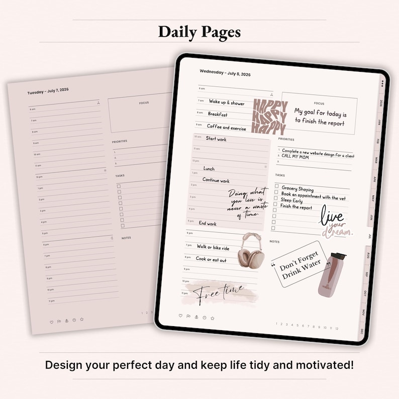 Daily pages preview for 2026 digital planner on iPad showing hourly schedule from 6 am to 9 pm, focus box, top 3 priorities, tasks checklist and notes section. Dusty Rose aesthetic GoodNotes Notability template with stickers and quotes for motivation, time blocking, productivity and daily planning. Instant download PDF.