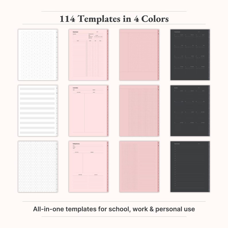 114 Page Templates Included (index view)"114 page templates for digital notebooks – includes planners, study notes, Cornell notes, grid, lined, and more." Digital Notebook, Goodnotes Notebook, Digital Journal, Student Notebook, Digital Planner, Notebook With Tabs, Notebook Journal, Goodnotes Template, Notes Template, Minimalist Notebook, Academic Notebook, Ipad Notebook, hyperlinked notebook