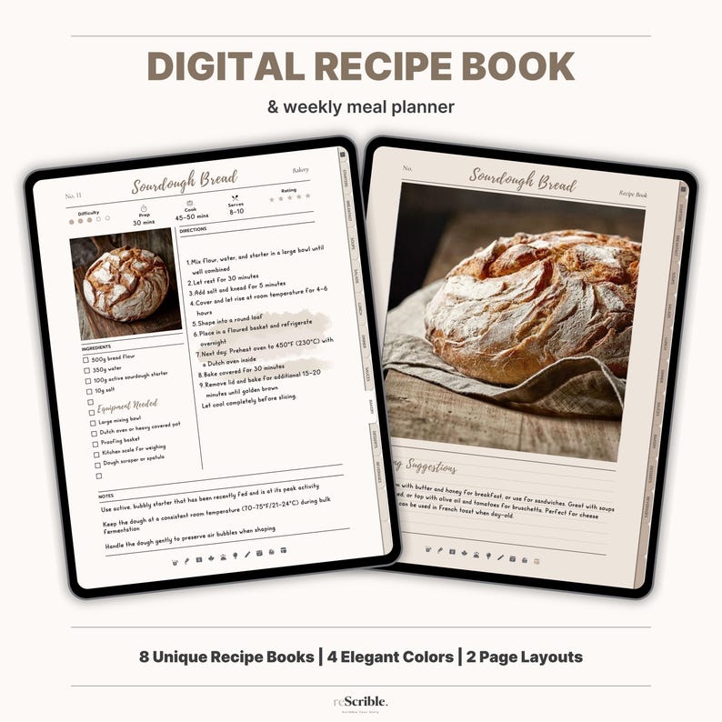 Stunning Digital Cookbook Recipe Book Template for GoodNotes & Notability. Features Healthy Meal Planner, Master Grocery List & easy recipe sections. Perfect for healthy recipes & meal prep ideas. Get your PDF cookbook & start meal planning!