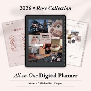 Vision board and mood tracker preview for 2026 Rose Collection all-in-one digital planner on iPad. Shows September vision board with categories for wealth, health, career, travel, sport and home, plus mood tracker and monthly calendar pages. Modern minimalist Dusty Rose GoodNotes Notability planner for goal setting, manifestation and planning. Instant download PDF.