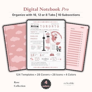 Könnte beinhalten: Digitales Notizbuch Pro in Rosatönen. Das Bild zeigt ein digitales Notizbuch mit 16, 12 oder 8 Registerkarten und 10 Unterabschnitten. Das Notizbuch enthält 124 Vorlagen, 28 Cover, 28 Icons und 4 Farben. Das Notizbuch enthält Informationen über Toronto.