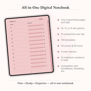114 Page Templates Included (sample pages)
"Minimal and organized digital notebook templates – 114 page layouts to keep you focused and productive." digital notebooks, digital notes, goodnotes notebook, goodnotes templates, ipad notebook, notability notebook, notebook with tabs, notes template, student notebook, study notebook, notebook, digital note book, digital notebook