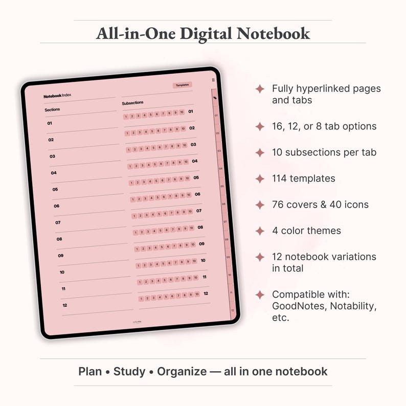 114 Page Templates Included (sample pages)
"Minimal and organized digital notebook templates – 114 page layouts to keep you focused and productive." digital notebooks, digital notes, goodnotes notebook, goodnotes templates, ipad notebook, notability notebook, notebook with tabs, notes template, student notebook, study notebook, notebook, digital note book, digital notebook