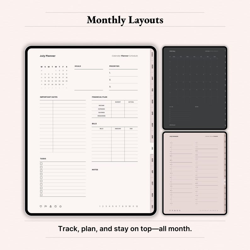 Monthly layouts preview for 2026 digital planner on iPad showing main July planner page with mini calendar, goals and priorities, important dates, financial plan, bills table, tasks checklist and notes section. Dusty Rose and minimalist aesthetic GoodNotes Notability template for budgeting, goal setting and monthly planning. Instant download PDF.