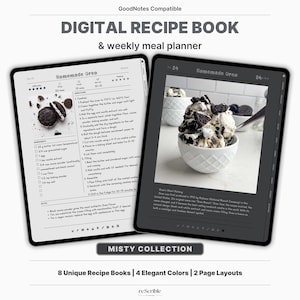 Pode incluir: Dois tablets digitais exibindo um livro de receitas digital e um planejador semanal de refeições. As telas mostram uma receita de biscoitos Oreo caseiros e uma tigela de sorvete com pedaços de Oreo. O texto diz "MISTY COLLECTION" e "DIGITAL RECIPE BOOK".
